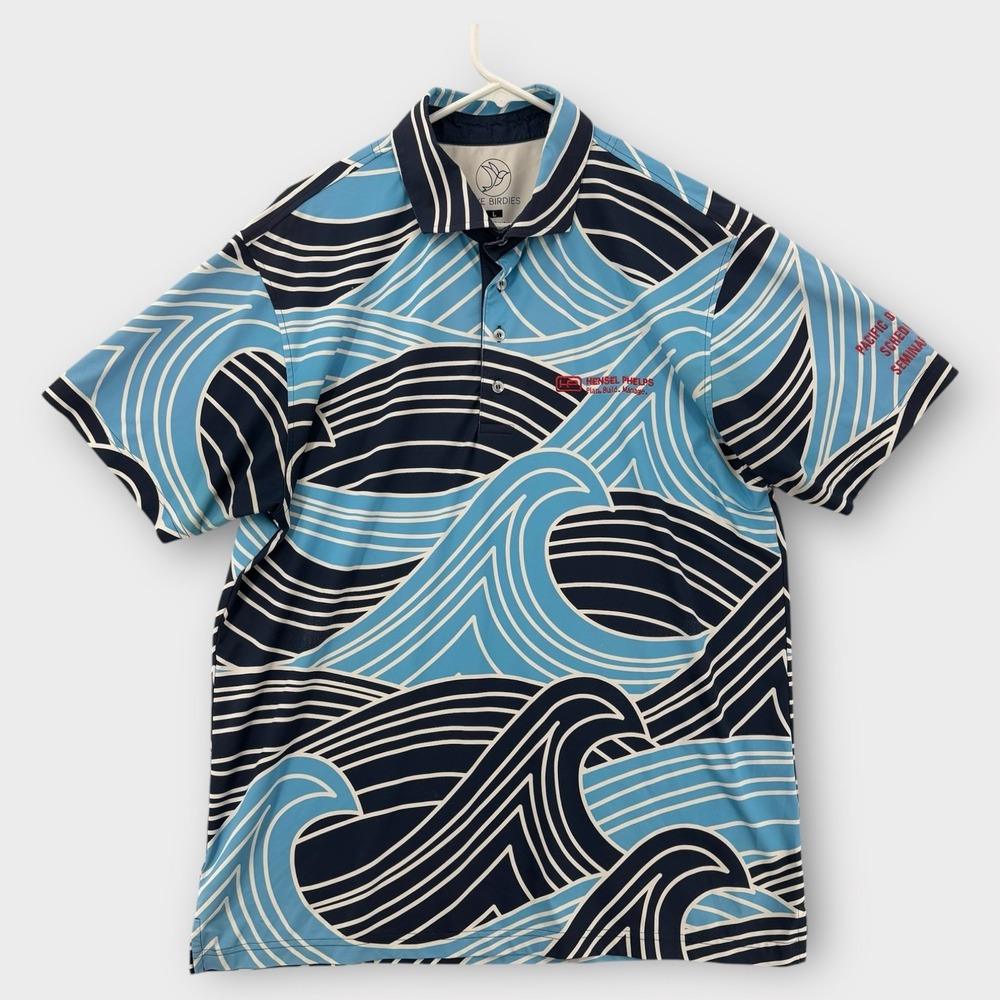 Five Birdies Aloha Shirt Mens Large Blue Floral Stretch Button Up Wave Golf Polo